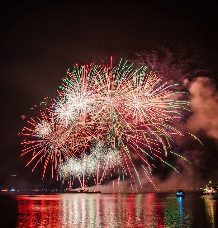 pexels photo 790916 Colorful fireworks illuminating the night sky above a serene water body, creating a festive atmosphere.